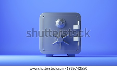 3d render, closed metallic safe box isolated on blue background. Frontal view. Banking safety clip art.