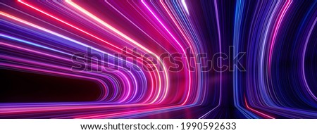 3d render, abstract panoramic neon background. Bright purple violet pink lines glowing in ultraviolet light