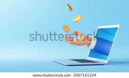 3d illustration. Cartoon character hand sticking out the laptop screen, throws up golden coins to the air. Internet commerce profit clip art isolated on blue background. Financial application