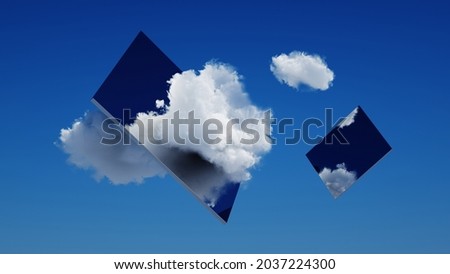 3d render, abstract modern minimal background with white clouds and square metallic mirrors in the blue sky