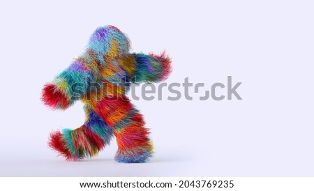 3d render, hairy cartoon character isolated on white background, active walking or dancing pose. Colorful furry beast, fluffy toy