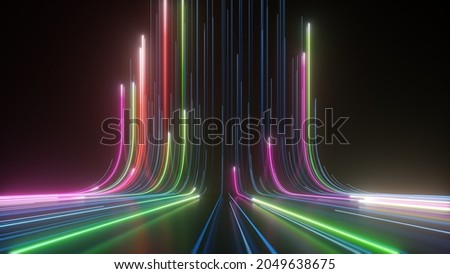 3d render, abstract background with colorful neon lines going up, virtual reality wallpaper with laser rays ストックフォト © 