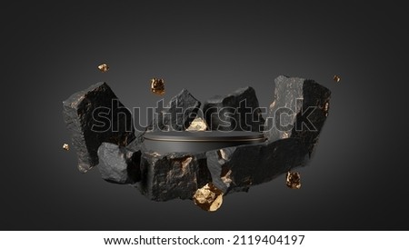 3d render, abstract background with black rock cobblestone ruins and golden nuggets levitating. Modern minimal showcase with empty podium for product presentation Stock foto © 