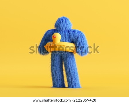 3d rendering, blue Yeti cartoon character wears duck inflatable swimming ring, hairy halloween monster, furry beast funny toy isolated on yellow background Photo stock © 