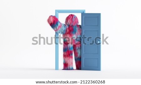 3d render, funny hairy monster with hand up, stands inside the doorway, in the empty room. Modern minimal cartoon character concept Stock foto © 