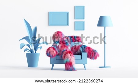 3d rendering, relaxed furry cartoon character monster sits in armchair inside the living room. Hairy beast inside the dollhouse interior Stock foto © 