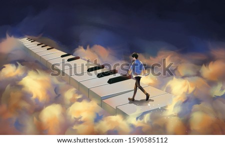 A man walking on the piano keys，Colorful clouds in the mysterious sky，Surreal illustration 商業照片 © 