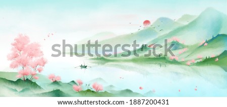 A mountain full of pink peach blossoms.Oriental ink painting，Blue Mountain ink illustration，Ink and wash landscape painting.