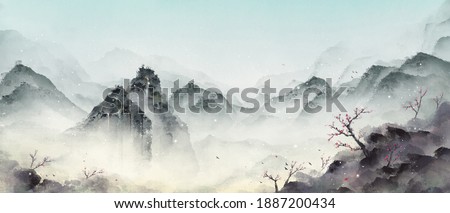 Snowy winter, beautiful oriental scenery.Ink landscape painting in winter.Eastern traditional painting.Ink and wash landscape painting.