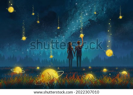 A pair of lovers stand in the middle of the planet.Air drop in the air.Surreal painting
