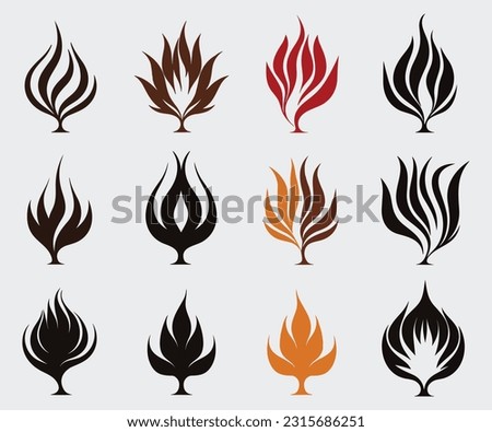 various designs of fire, in the style of minimalistic Japanese, leaf patterns, gender-bending iconography, logo