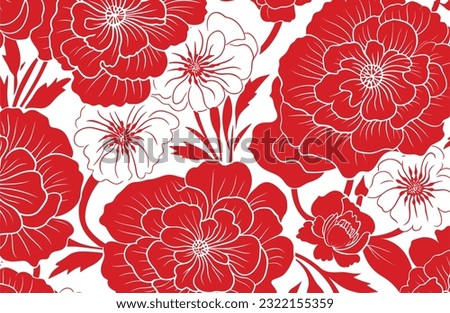 red and white floral flower print fabric, in the style of simplistic vector art, ai weiwei, flickr, intricate woodcut designs, white background, paper cut-outs