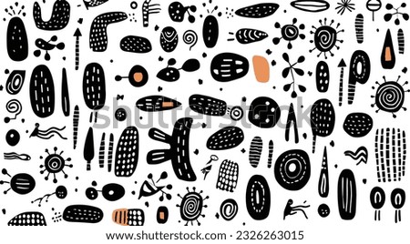 drawing design with hand drawing doodle dots on white stock vector, in the style of prehistoric art, ogham scripts, juxtaposition of shapes, carpetpunk, whimsical figurative, abstract