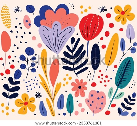 Abstract Illustration in Cartoon Style Flower and Leaves Patterns With, in the Style of Joan Miró, Irregular Shapes, Bold Brush Strokes, Alma Woodsey Thomas, Minimalist Backgrounds, Folknaïve