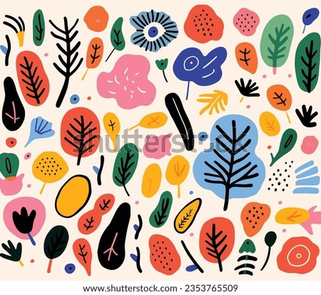 Colorful Vector Hand Drawn Botanical Pattern Background From Vectors, in the Style of Joan Miro, Irregular Shapes, Free Brushwork, Floral, Whimsical Character Design, Layered Textures, Shapes