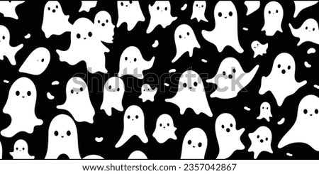White Ghosts in a Black and White Pattern, in the Style of Emphasis on Character Design, Flickr, Digitally Enhanced, Pigeoncore, Bold Colors, Marks, Emphasis on Negative Space, Cute Cartoonish Designs