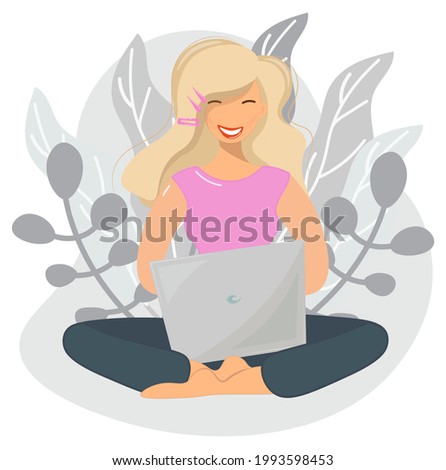 Similar – Image, Stock Photo Cute blonde girl working in the morning on a laptop and drinking coffee. Work online, freelance, social distance