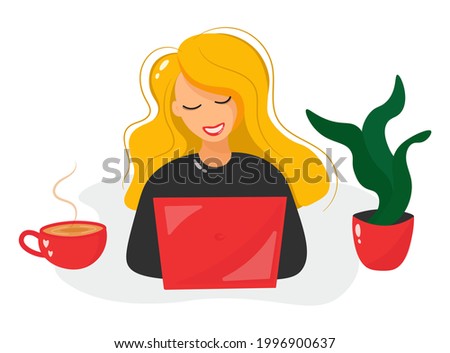 Image, Stock Photo Cute blonde girl working in the morning on a laptop and drinking coffee. Work online, freelance, social distance