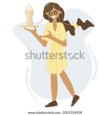 A dark-skinned brunette in a yellow dress and glasses holds a glass of beer on a tray. An African American girl smiles as she prepares to drink a pint of beer. Oktoberfest day. Vector,