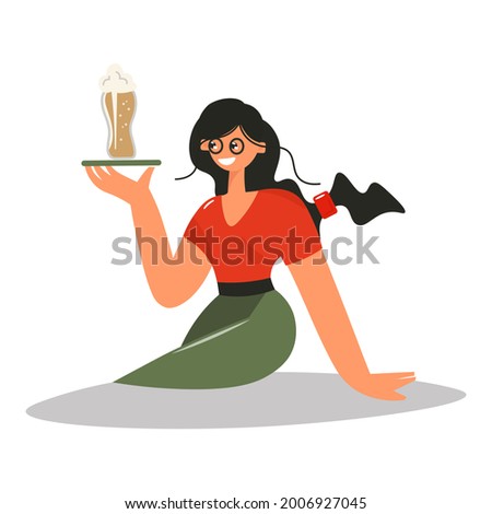 A bright showy brunette in a red blouse and glasses holds a glass of beer on a tray. Nice smiling girl offers to drink beer. Oktoberfest day. Beer, alcoholic beverage in a large pint. Vector,