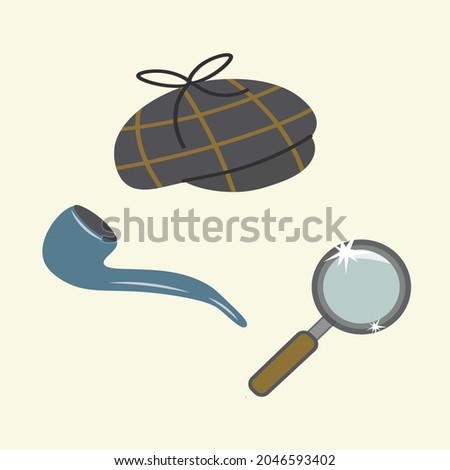 Detective set. Cap, magnifying glass and smoking pipe of the detective-sleuth. Isolated vector icons on muted yellow background. Private detective accessories, classic Sherlock Holmes paraphernalia.