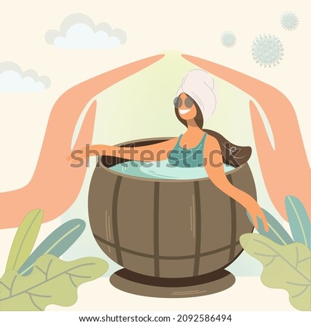 Woman in sunglasses sitting in a hot tubi. The girl in the home sauna is guarded. Summer cottage procedures on the background of oak leaves in a wooden barrel. Flat vector illustration.