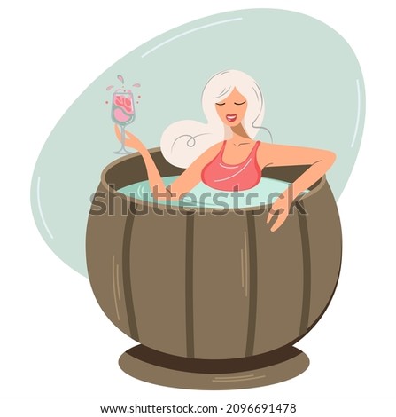 The blonde is drinking wine in a hot tub. Woman sitting in a hot font. Girl with a glass of wine in the sauna. Isolated flat vector. Female character bathes in a wooden barrel of champagne. Home Spa