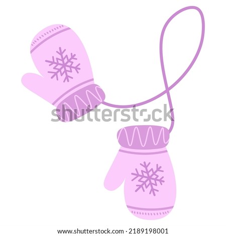 A pair of wool knitted mittens with a zigzag pattern and snowflakes. Cozy winter pink gloves isolated on white background. Vector flat illustration.