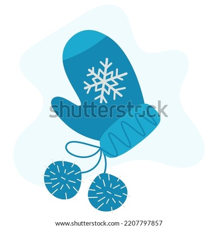 Vector design warm knitted mitten isolated. Cute blue gloves with snowflake patterns and pom-poms for the winter season, close-up. The concept of comfort and warmth. Minimalism, flat style.