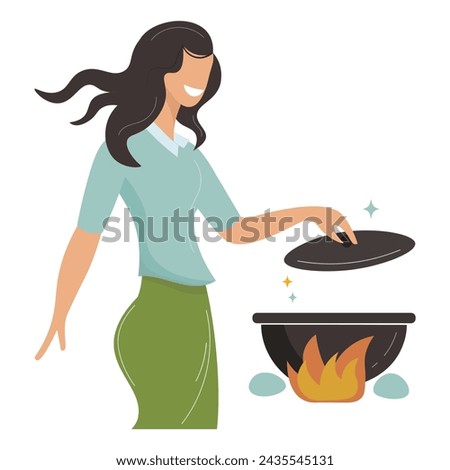 A woman cooking in the kitchen. Cook, A young girl takes off the lid of the pot to cook delicious food. Characters with a flat cartoon Image. An isolated illustration of culinary art in vector form.