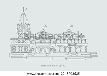 line art illustration of Hindu mandir of India with text meaning Shree Ram temple. Jai Shree Ram celebration background for religious holiday of India