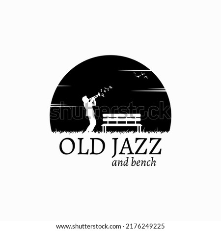 Silhouette of Old Jazz and Wooden Bench Logo Design Vector