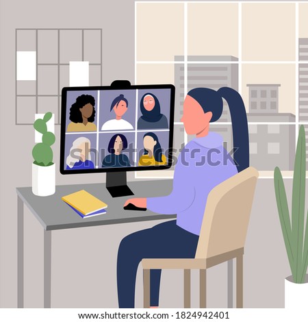 Modern workplace, people in a laptop, woman communicates online.