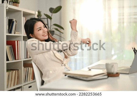 Similar – Image, Stock Photo Satisfied Asian resting woman sightseeing at temple