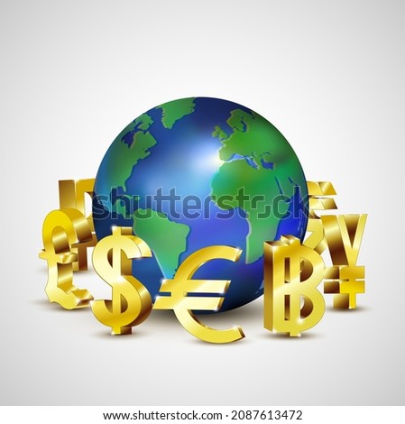 3d model of a globe with figures in the form of currencies around it