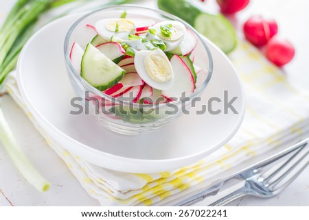 Radish, cucumber, egg, dill, onion yogurt salad in glass bowl with ingredients, plaid napkin, white wood background