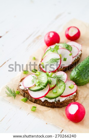 Sandwiches with cottage cheese, radish and cucumber, dill, baking paper, white wood background