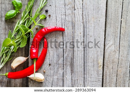 Herbs background - rosemary, basil, mint, lemon, chili, garlic, pepper, rustic wood background, top view