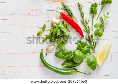 Herbs background - chili, lemon, mint, parsley, basil, garlic, ginger, rosemary,  white wood background, top view