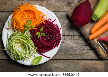 Similar – Image, Stock Photo Raw beetroot noodles or beet spaghetti salad