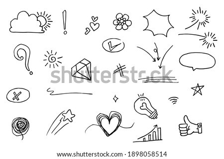 Doodle vector set illustration with hand draw line art style vector. Sun, arrow, heart, love, star, swirl, swoops, emphasis, for concept design