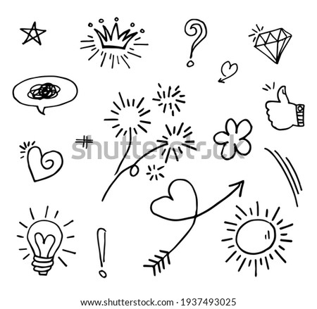 Doodle vector set illustration with hand draw line art style vector. Crown, king, sun, arrow, heart, love, star, swirl, swoops, emphasis, for concept design