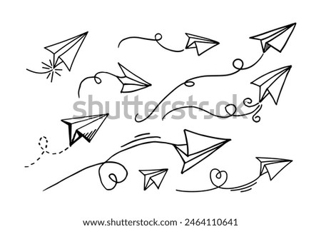 Set of doodle paper plane icon. Hand draw paper airplane.