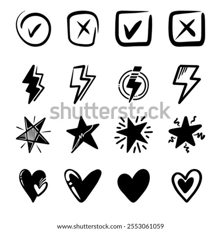 Collection of doodle elements of love, checkmarks, lightning and stars, for concept design.