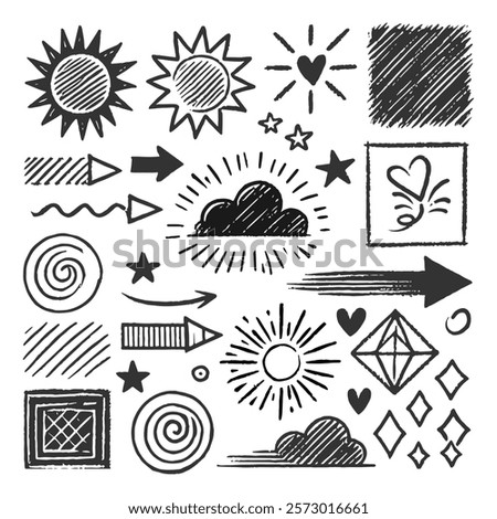 simple doodle creations of suns, arrows and other elements, hand drawn manually on a white background