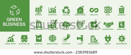 green business icons Environmental ecology, sustainability, money-saving investments, recycling, renewable energy and going green. Green business ideas, finance and sustainable investment