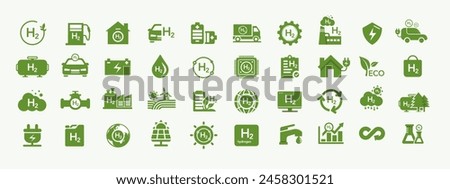 Green clean hydrogen concept. With icons set of sustainable environmental, H2 energy, green industry and alternative energy in the future.