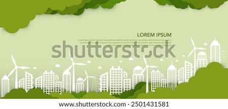 Sustainability vector illustration. Concept green energy, Eco-friendly building, sustainable industry, windmills and solar energy. Green background.