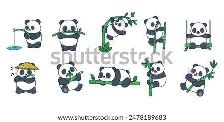 Cute adorable panda playing with his bamboo, Vector illustration of adorable panda