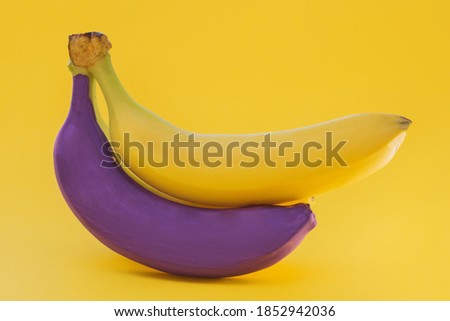 on a yellow background in a bunch of two bananas, one yellow, the other purple. The idea is to be unique, not like everyone else, to stand out from the crowd. Horizontal photo, close-up Photo stock © 